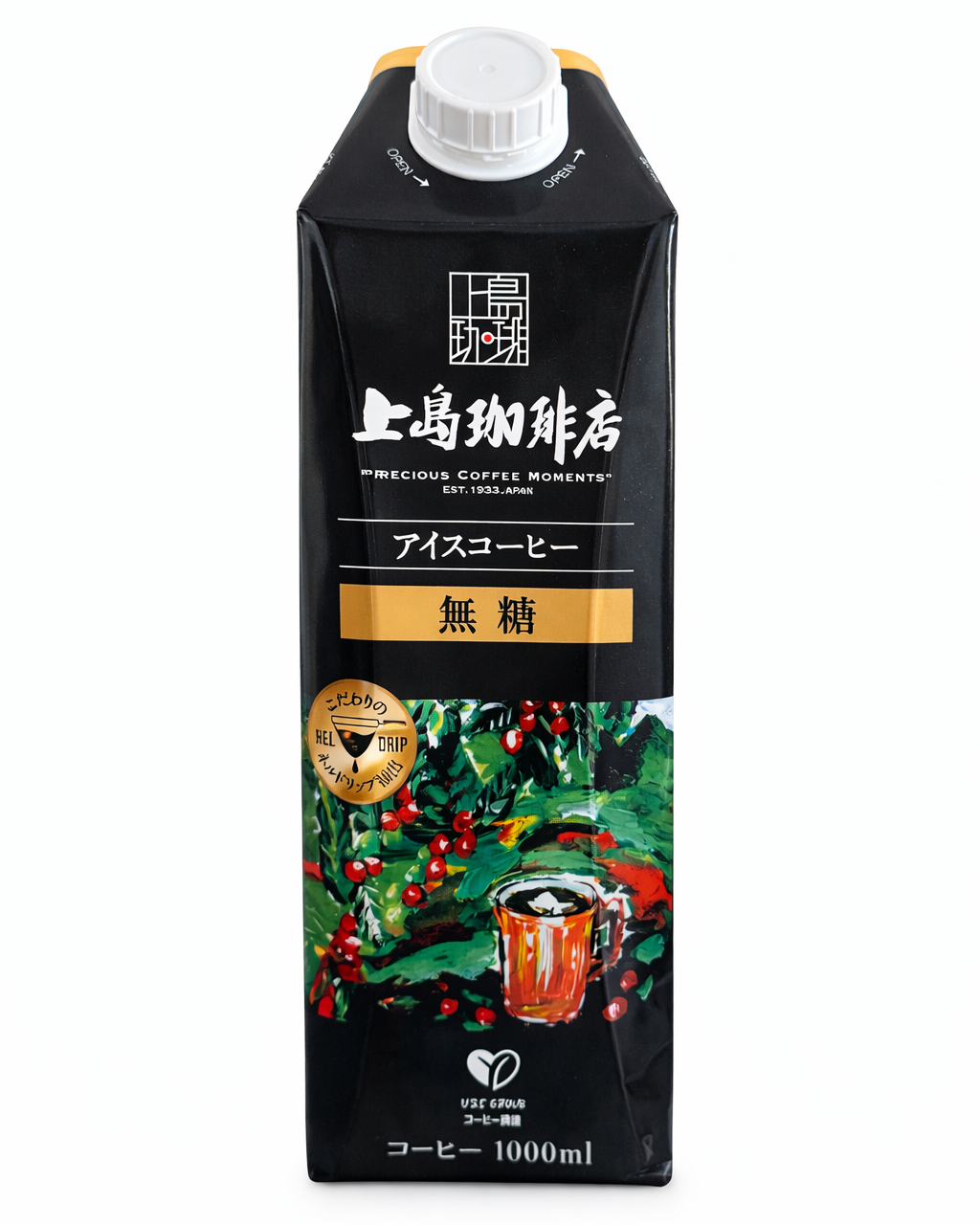 Japanese Kamijima sugar free iced coffee 1000ml carton ready to drink coffee from Japan on white background