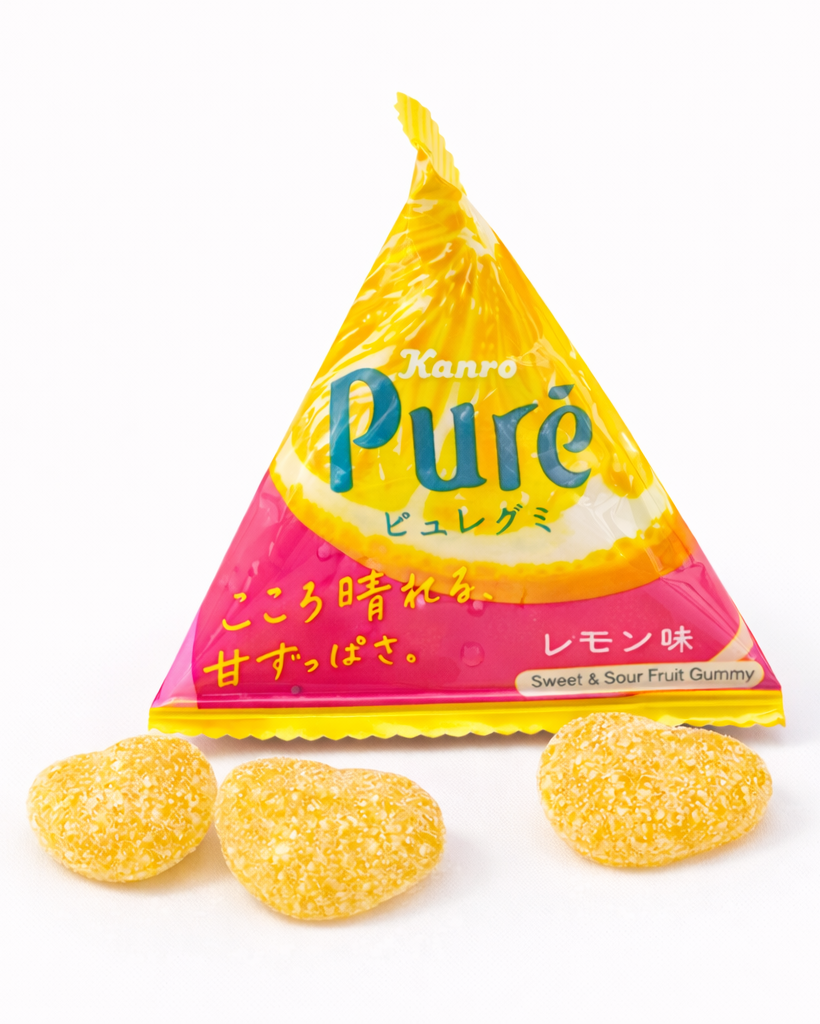 Japanese Pure sweet and sour fruit gummies lemon flavor candy Kanro gummy candy on white background