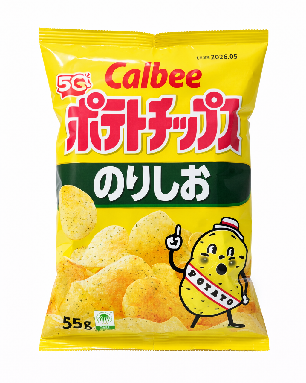 Japanese Calbee seaweed and salt potato chips 55g bag packaging on white background