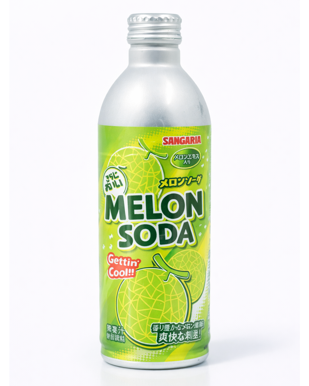 Japanese Sangaria melon soda 500ml bottle fizzy melon flavored soda drink from Japan on white background