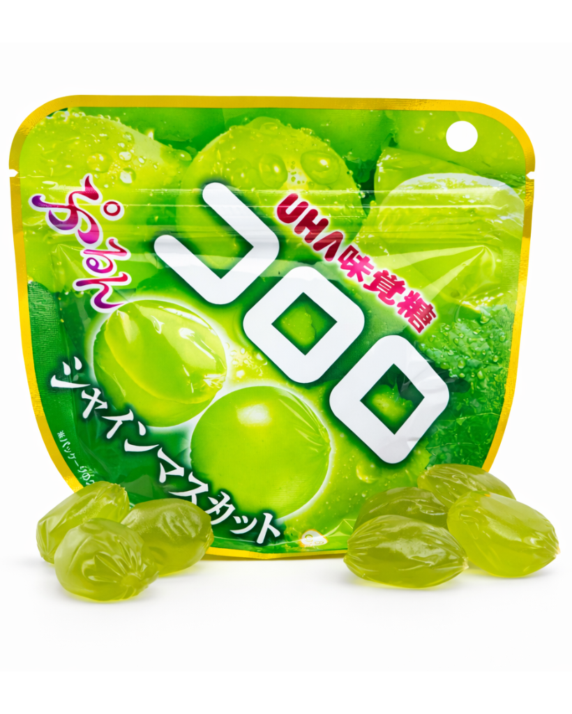 Japanese Kororo fruit juice gummies muscat grape flavor UHA Mikakuto gummy candy on white background