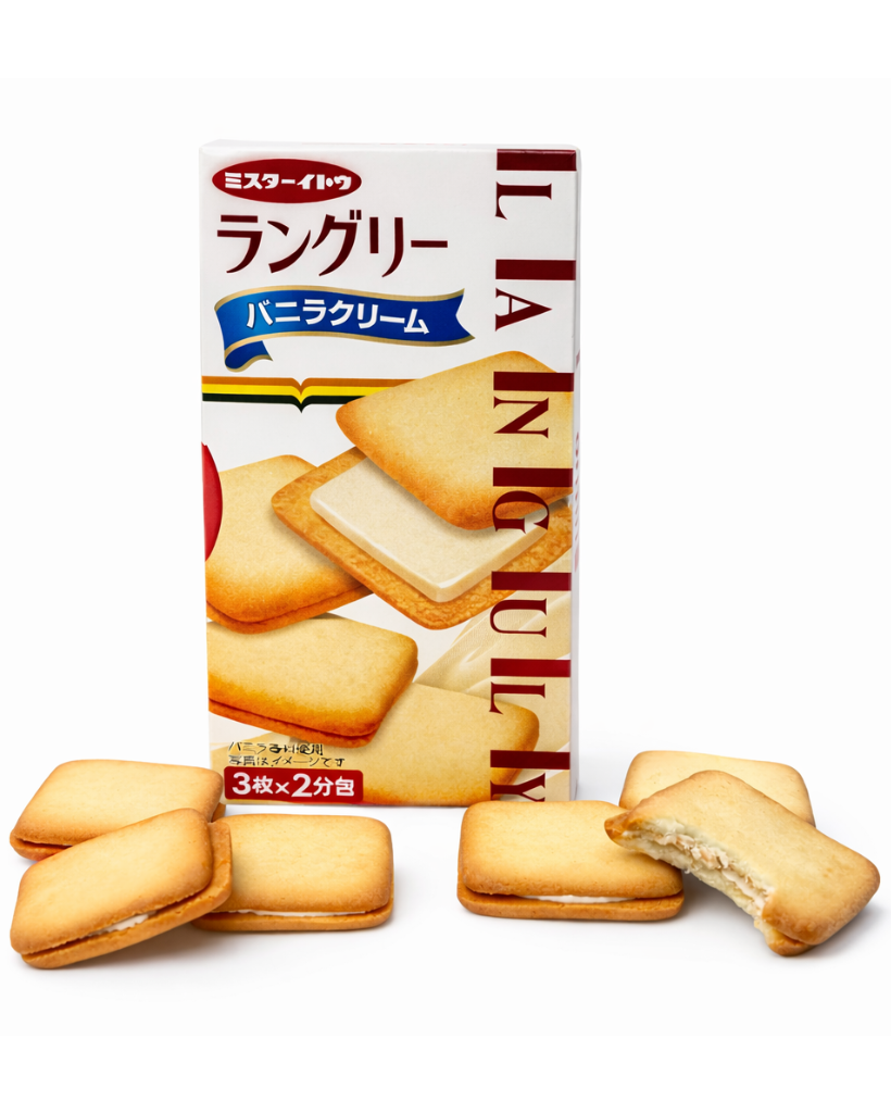 Japanese ITO Languly vanilla cream cookie sandwiches pack with butter cookies and cream filling on white background