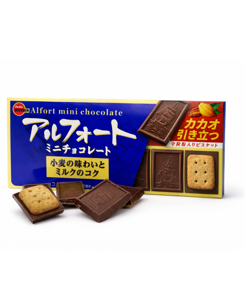Japanese Bourbon Alfort mini chocolate biscuits pack with chocolate and biscuit pieces on white background