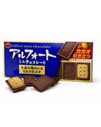 Japanese Bourbon Alfort mini chocolate biscuits pack with chocolate and biscuit pieces on white background