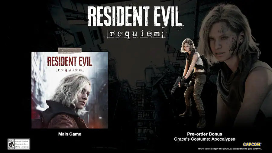 Promotional image for 'Resident Evil Requiem' with game case and character in costume.