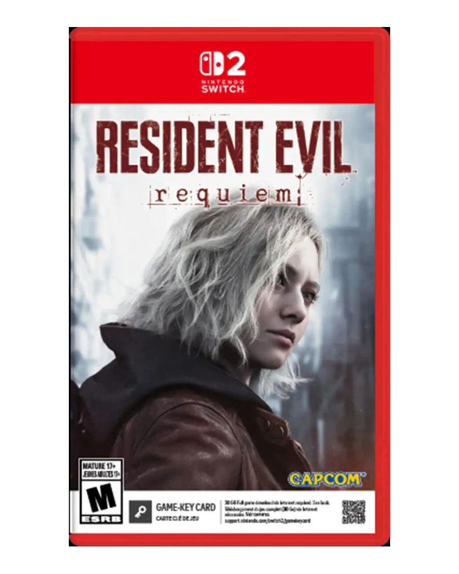 Resident Evil Requiem game cover for Nintendo Switch with a character's face on a red background