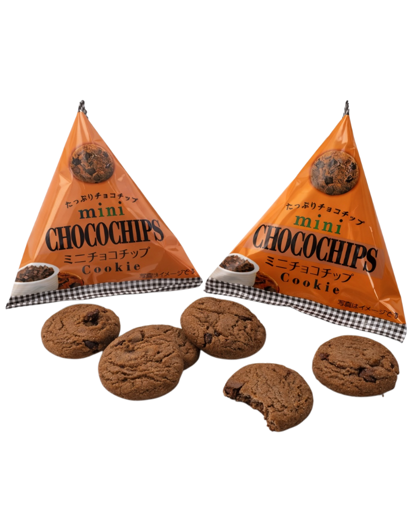 Japanese Morinaga mini chocolate chip cookies individual packs with crispy chocolate cookies on white background