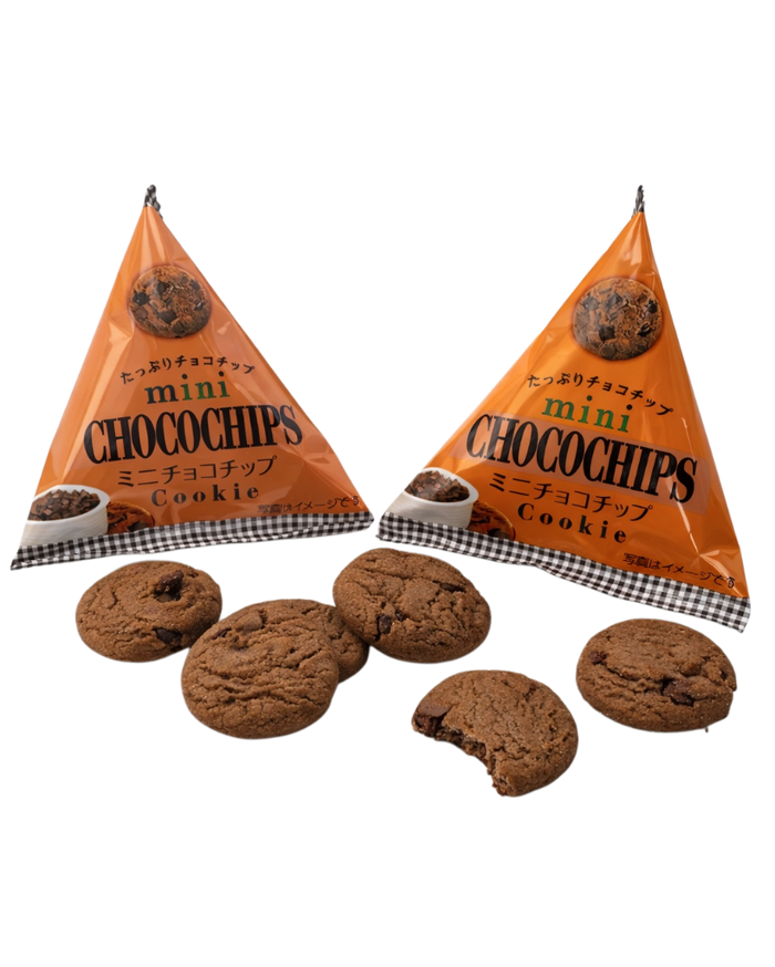 Japanese Morinaga mini chocolate chip cookies individual packs with crispy chocolate cookies on white background