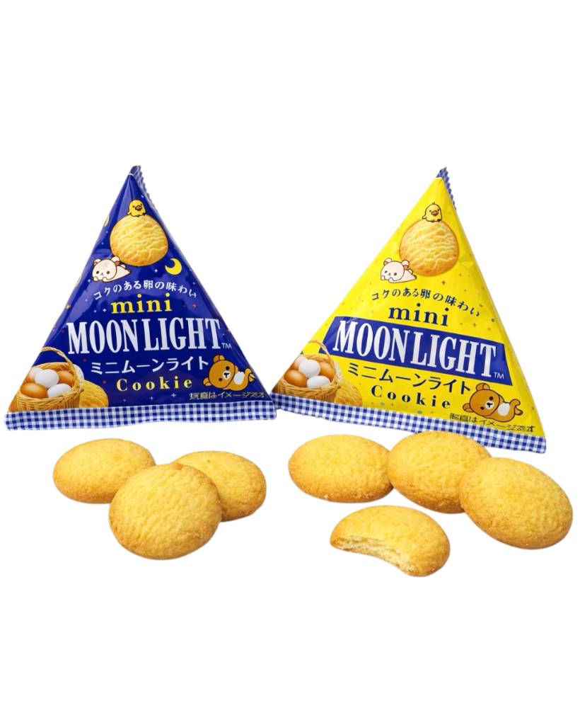 Japanese Morinaga mini Moonlight cookies individual packs with butter cookies on white background