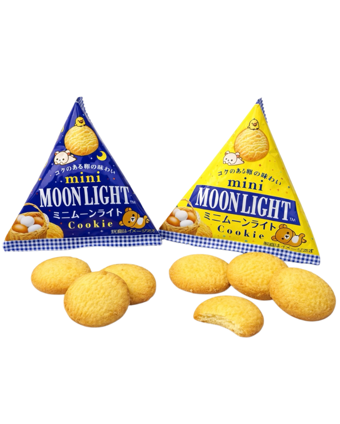 Japanese Morinaga mini Moonlight cookies individual packs with butter cookies on white background