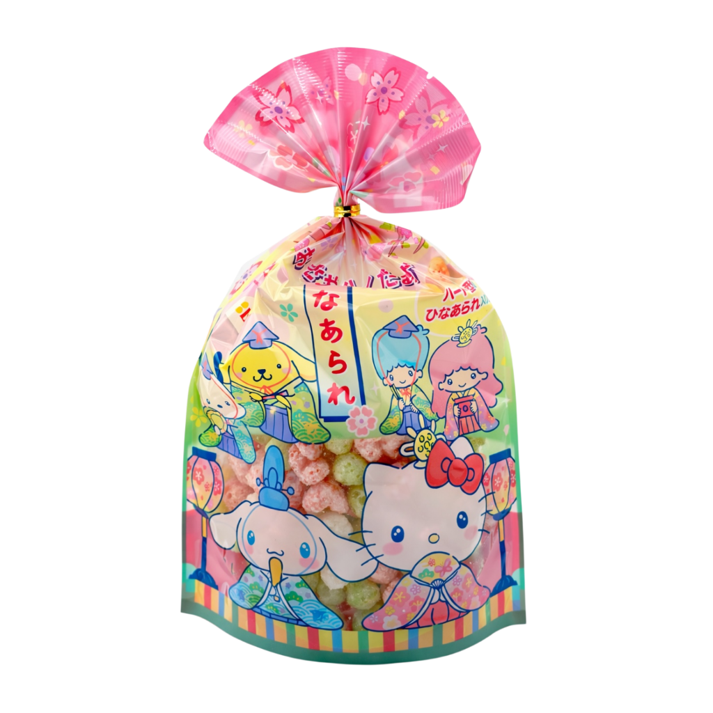 Japanese Sanrio arare snack Hinamatsuri festival gift bag colorful rice cracker mix Hello Kitty themed snack